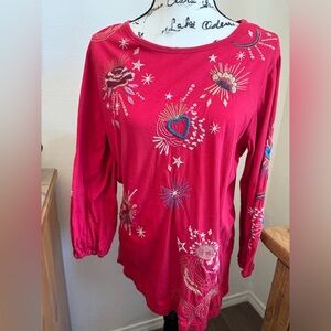 Johnny Was Bright RED Embroidered Cotton rich Tunic Shirt Long Sleeve Hearts M